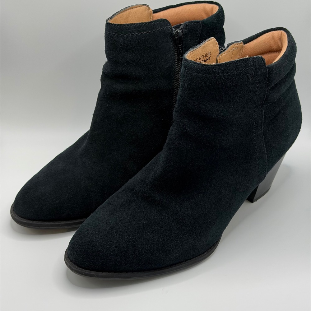Vionic Weather Resistant Black Suede Ankle Boots Side Zip Booties Womens 10